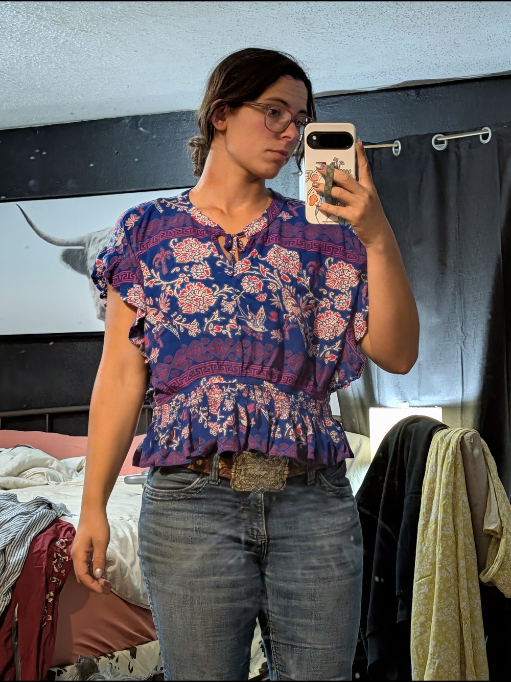 Ariat Blue Floral Ruffled Peplum Blouse
